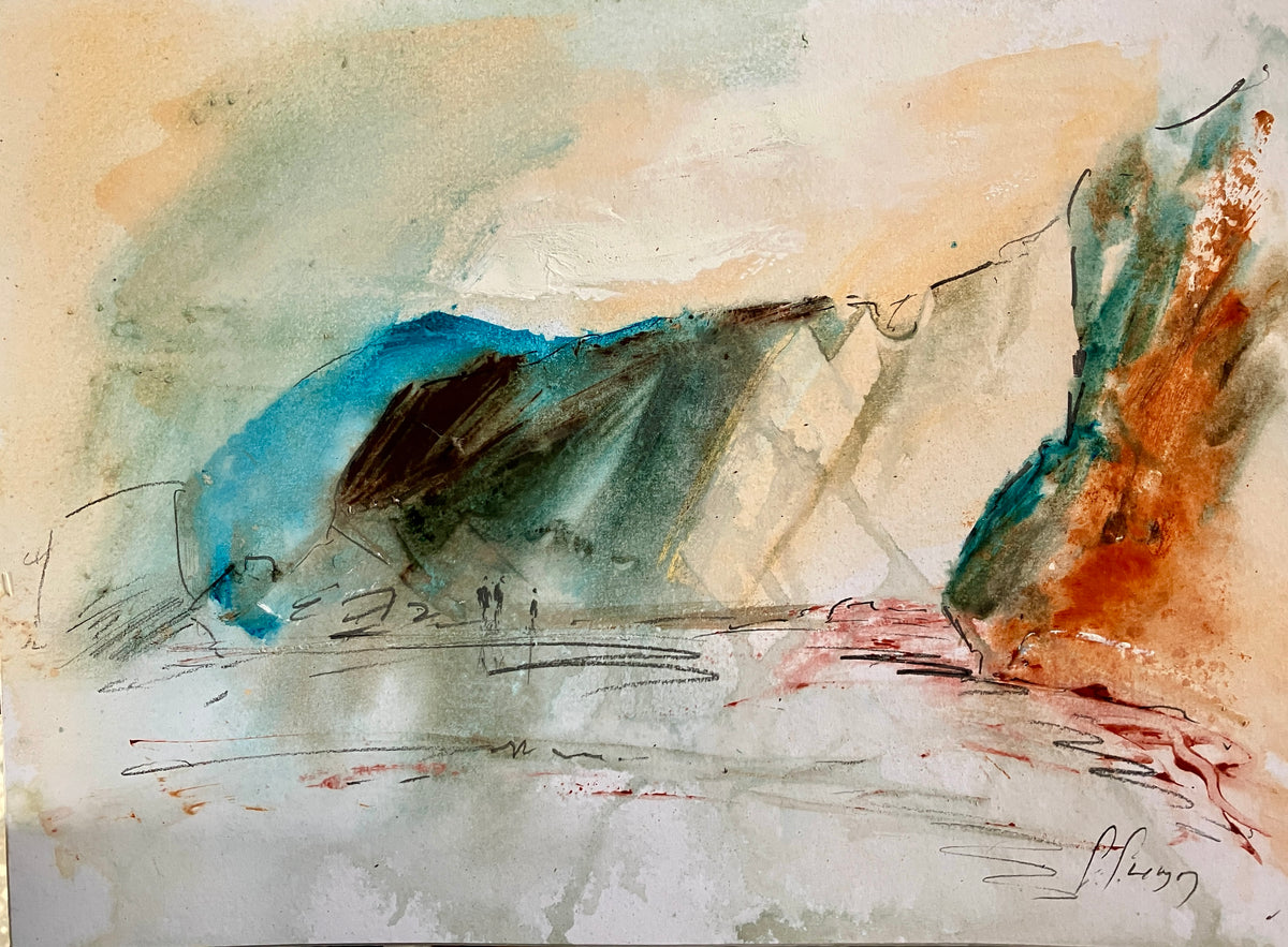 Figures Beneath High Cliffs - Original Acrylic Painting by Steve Slimm - Steve Slimm Online Gallery